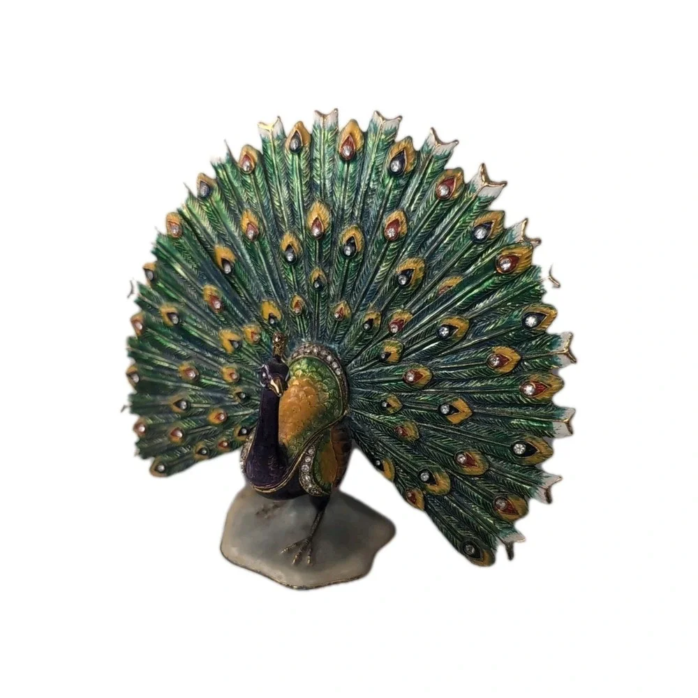 Sorelle Peacock Trinket Box Gold tone Hinged Storage Colorful Bejeweled
